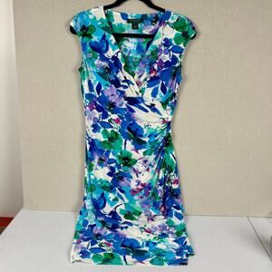 Lauren Ralph Lauren Ruching Floral Ivory Blue Sleeveless Dress Women's Size 4